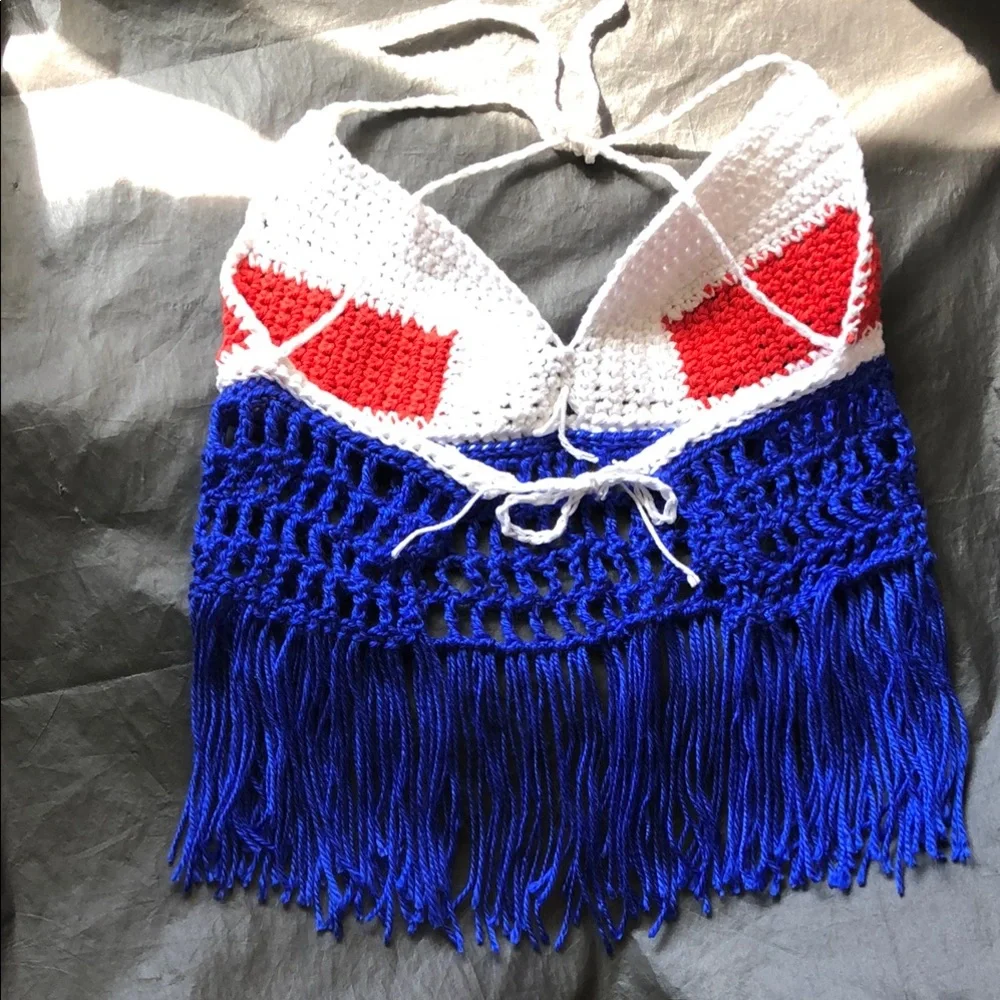 Red, White, and Blue Crochet Halter Top with Fringe - Picture 15 of 15
